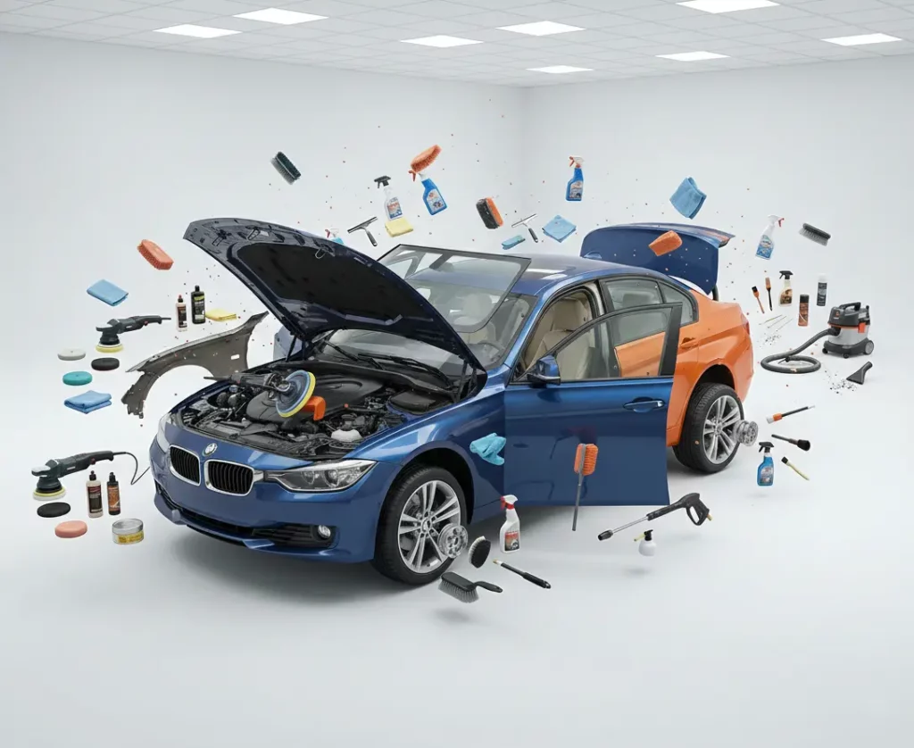 Übersicht der Werkzeuge für die Außenaufbereitung eines Autos.