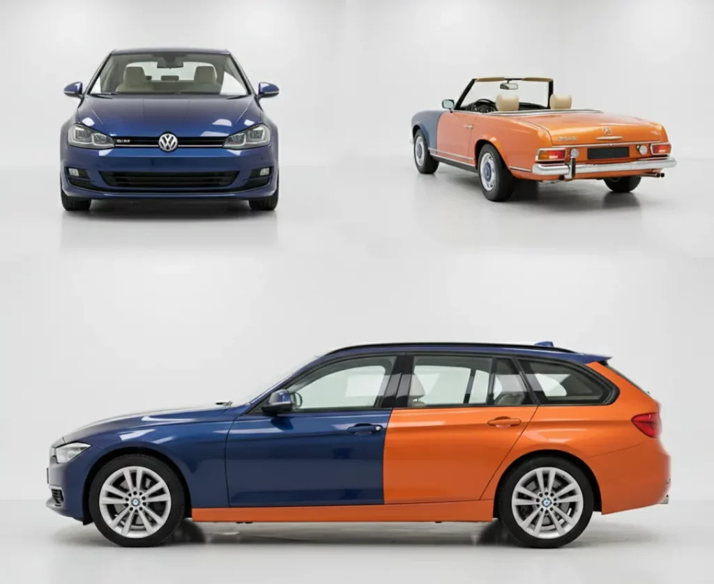 Drei Fahrzeuge mit Komplettaufbereitung bei AKTIV1: BMW Kombi, VW Golf und Oldtimer Cabrio mit Lackversiegelung in Hannover